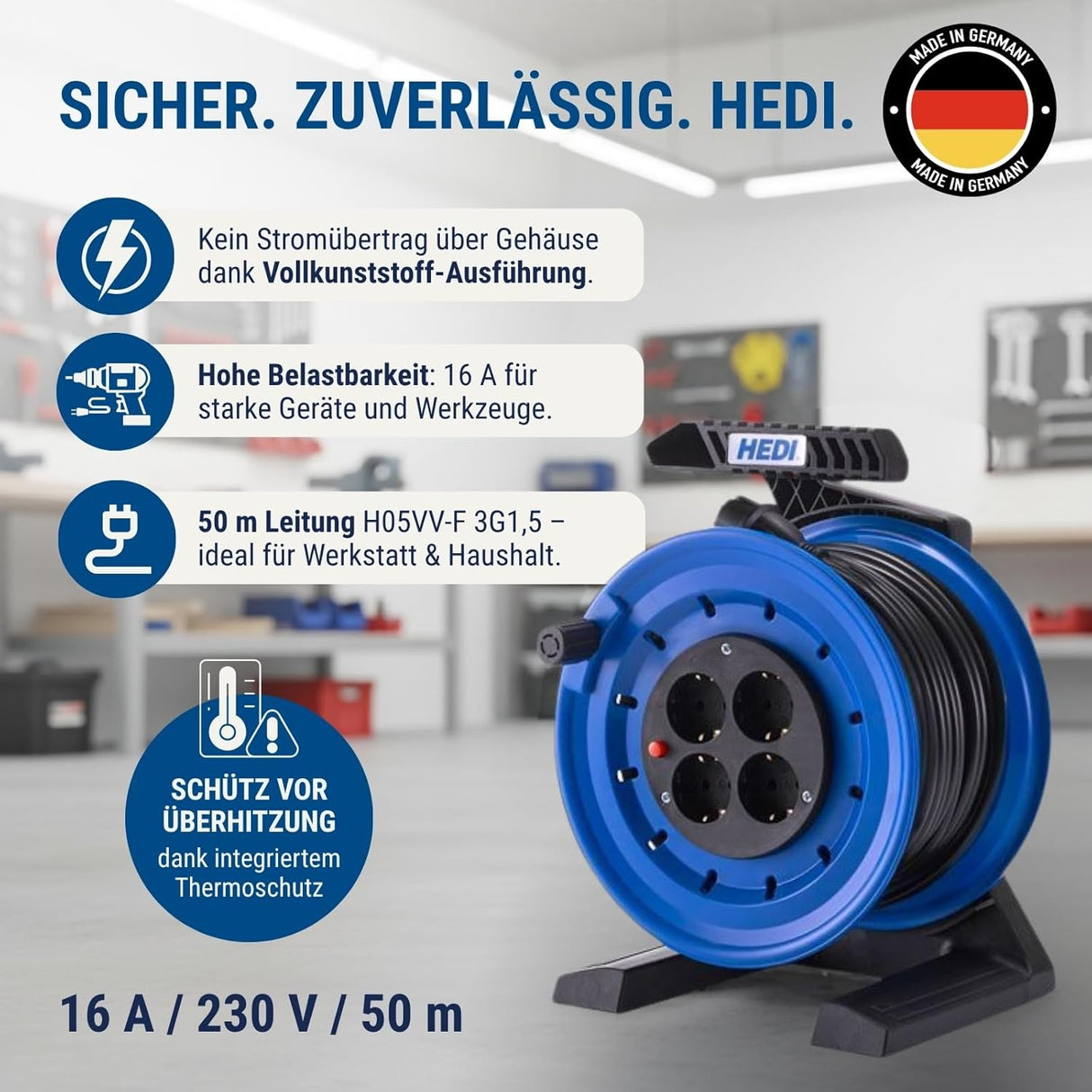 Kabeltrommel Generation 7 Coworker 50 m – Vollkunststoff – PVC-Kabel H05VV-F 3G1,5 – 4-fach Schuko mit Thermoschutz – IP20