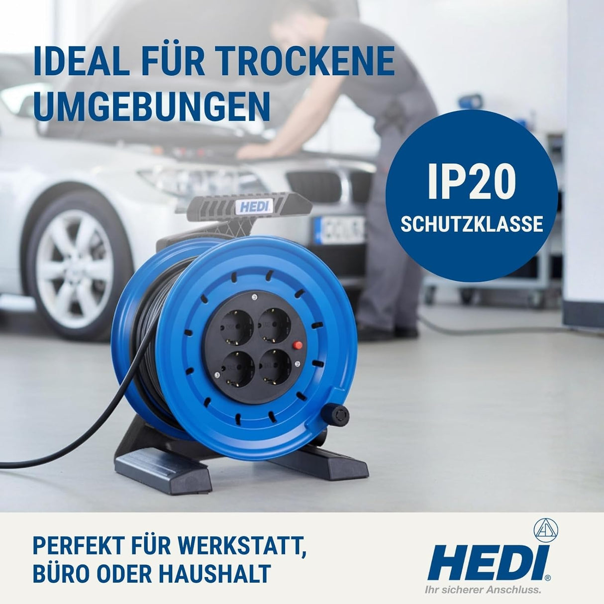 Kabeltrommel Generation 7 Coworker 50 m – Vollkunststoff – PVC-Kabel H05VV-F 3G1,5 – 4-fach Schuko mit Thermoschutz – IP20