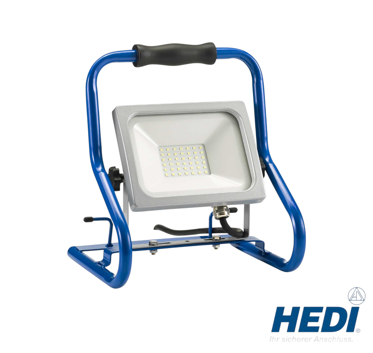 Werkfit 30 Watt LED-Strahler mit blauem Tragegestell und schwarzem Handgriff für mobile Beleuchtung