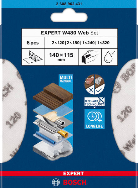 EXPERT W480 Web 1/4 Handschleifblatt-Set, 115x140 mm, G120/G180/G24/G320, 6-tlg.