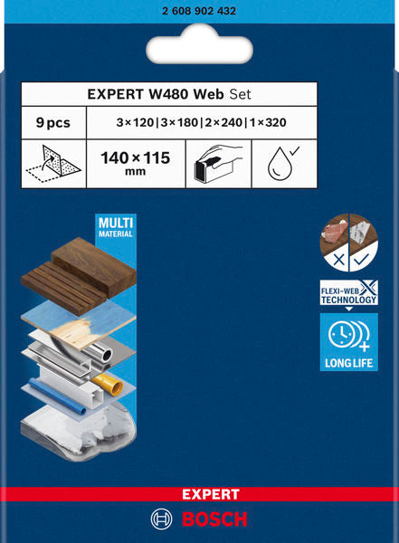 EXPERT W480 Web 1/4 Handschleifblatt-Set, 115x140 mm, G120/G180/G240/G320 9-tlg.