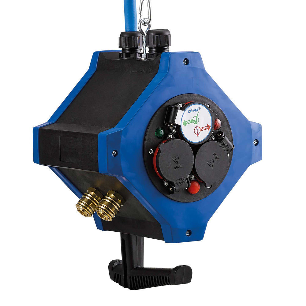 Energie-Hängeverteiler e.STATION Kombi Energie/Druckluft 230 V / 16 A, IP44 – 6× Schutzkontakt & 2× Druckluftkupplungen