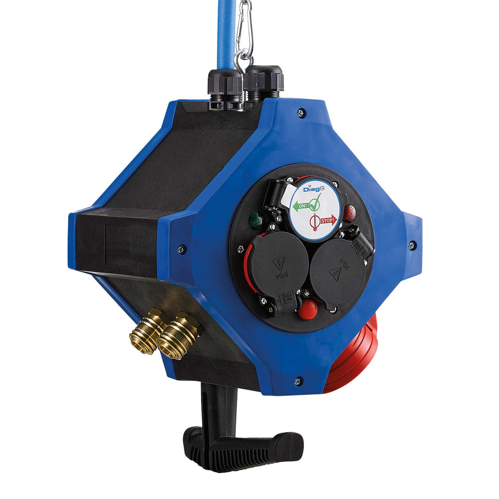 Energie-Hängeverteiler e.STATION Kombi Energie/Druckluft 400 V / 16 A, IP44 – 6× Schutzkontakt, 1× CEE 5×16 A, 2× Druckluftkupplungen