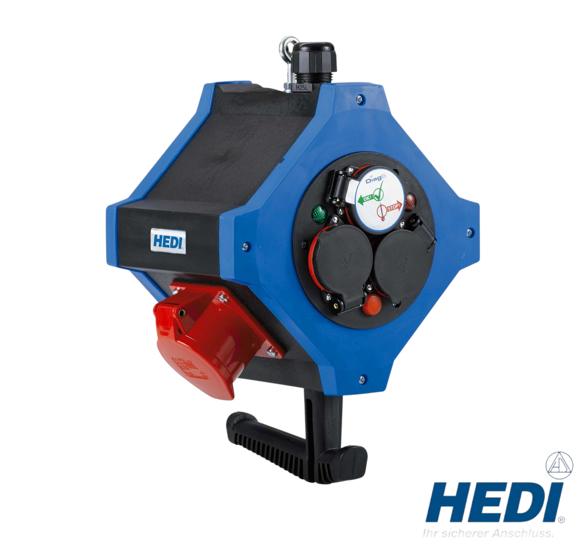 Werkfit Energie-Hängeverteiler e.STATION 400V 16A mit 6 Schutzkontakt- und 2 CEE-Steckdosen in Blau-Schwarz