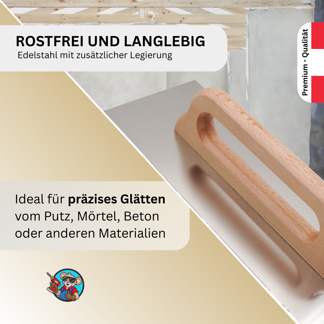 Kompakte Glättekelle Edelstahl – Naturholzgriff – 380 × 130 mm – Profiqualität