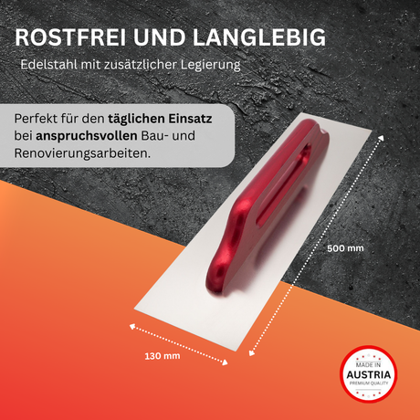 Glättekelle Edelstahl rostfrei – Profiqualität – Roter Buchenholzgriff – 500 × 130 mm