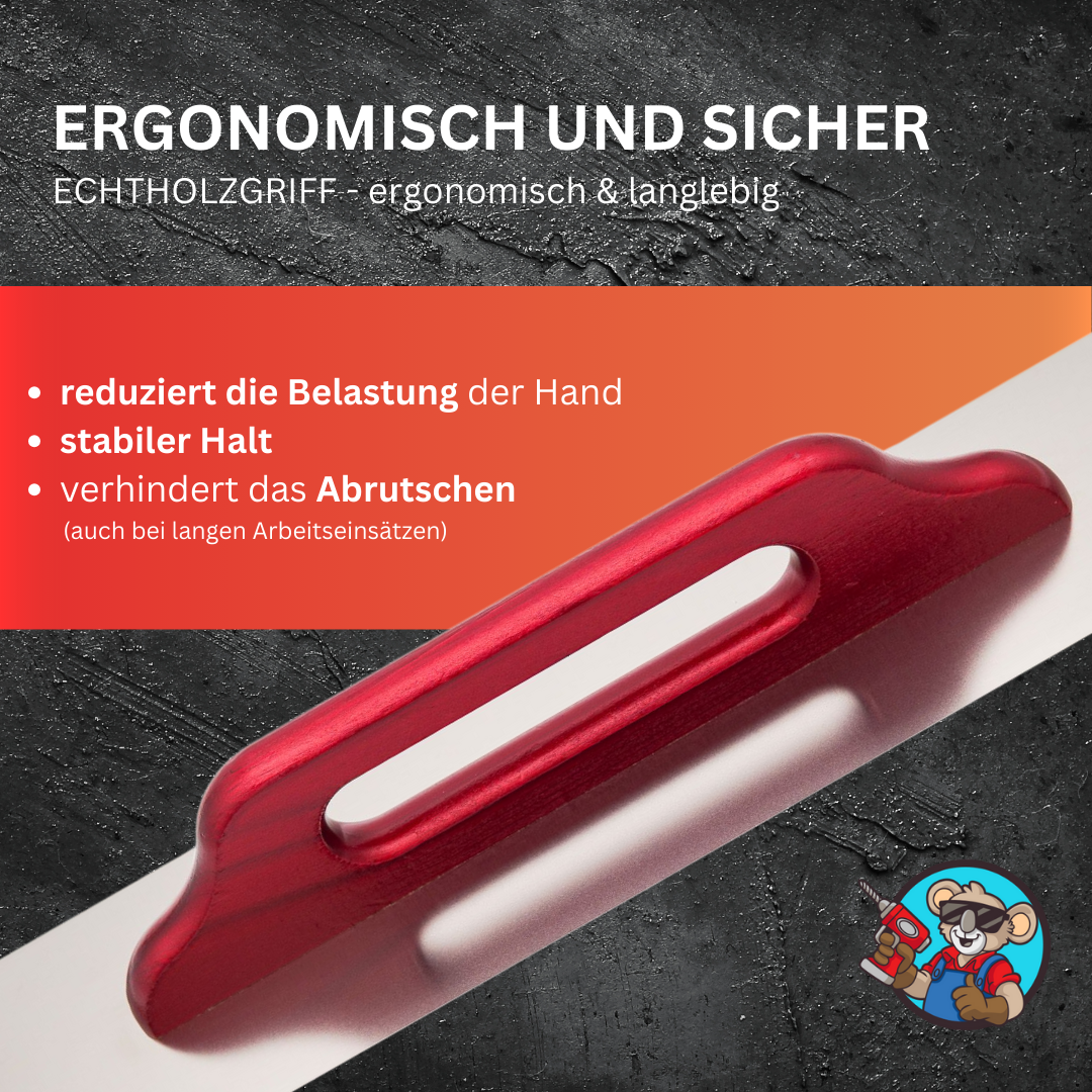 Glättekelle Edelstahl rostfrei – Profiqualität – Roter Buchenholzgriff – 500 × 130 mm