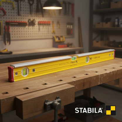 Werkfit Stabila Wasserwaage Type 96-2 K in Gelb mit Libellen auf einer hölzernen Werkbank in einer Werkstatt