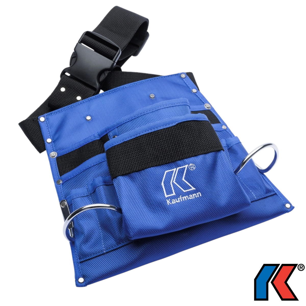 Werkfit Nageltasche aus blauem Textil mit zwei Taschen, zwei Hammerbügeln und verstellbarem schwarzem Gürtel