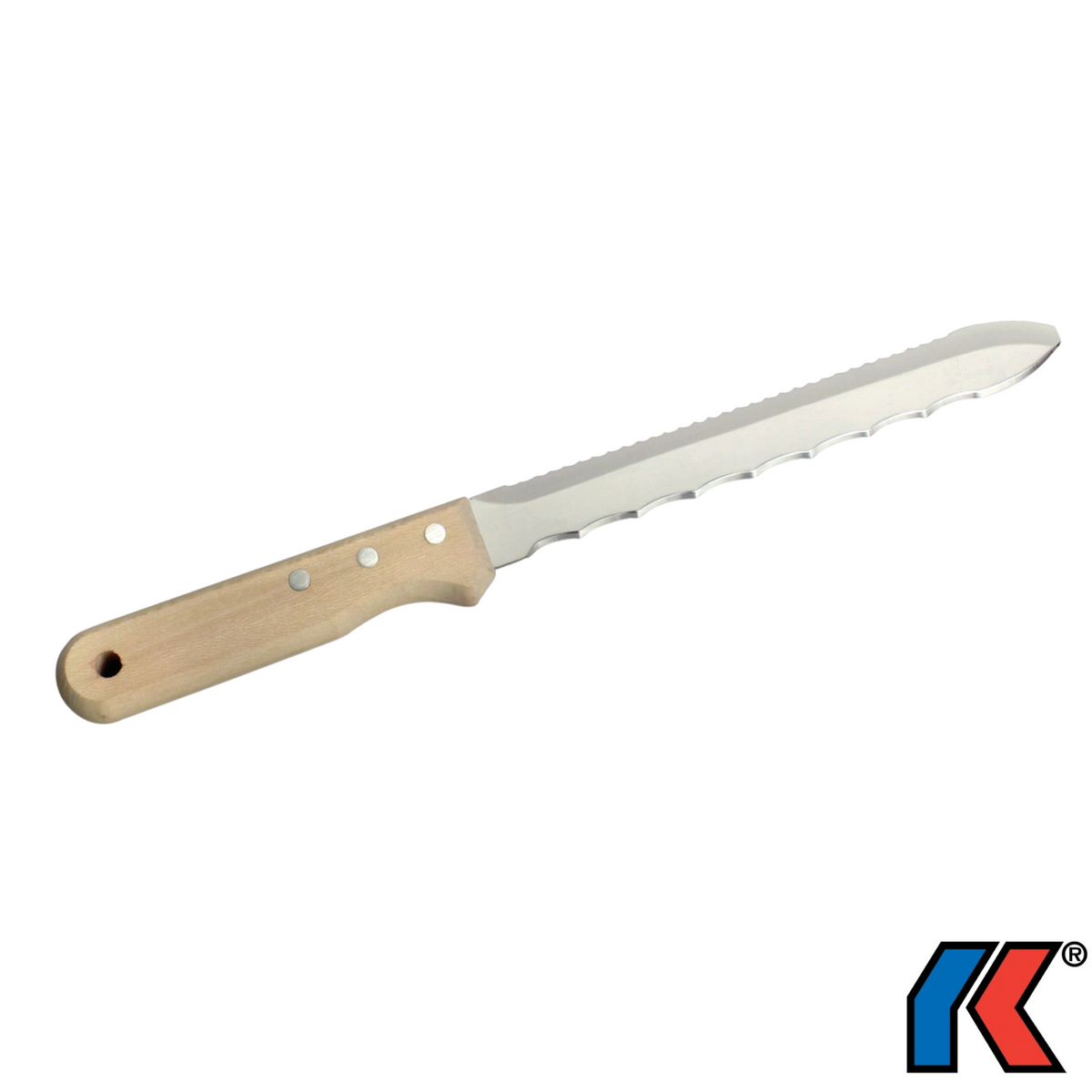 Werkfit Dämmstoffmesser mit langer, gezahnter Edelstahlklinge und ergonomischem Holzgriff für präzise Schnitte