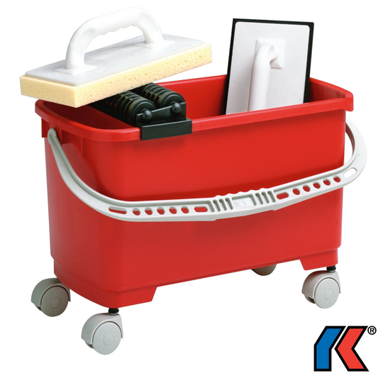 Werkfit Fliesen-Waschset FLIESENPROFI OPTIMUM mit rotem Eimer, Rollenaufsatz, Schwammbrett und Reibebrett