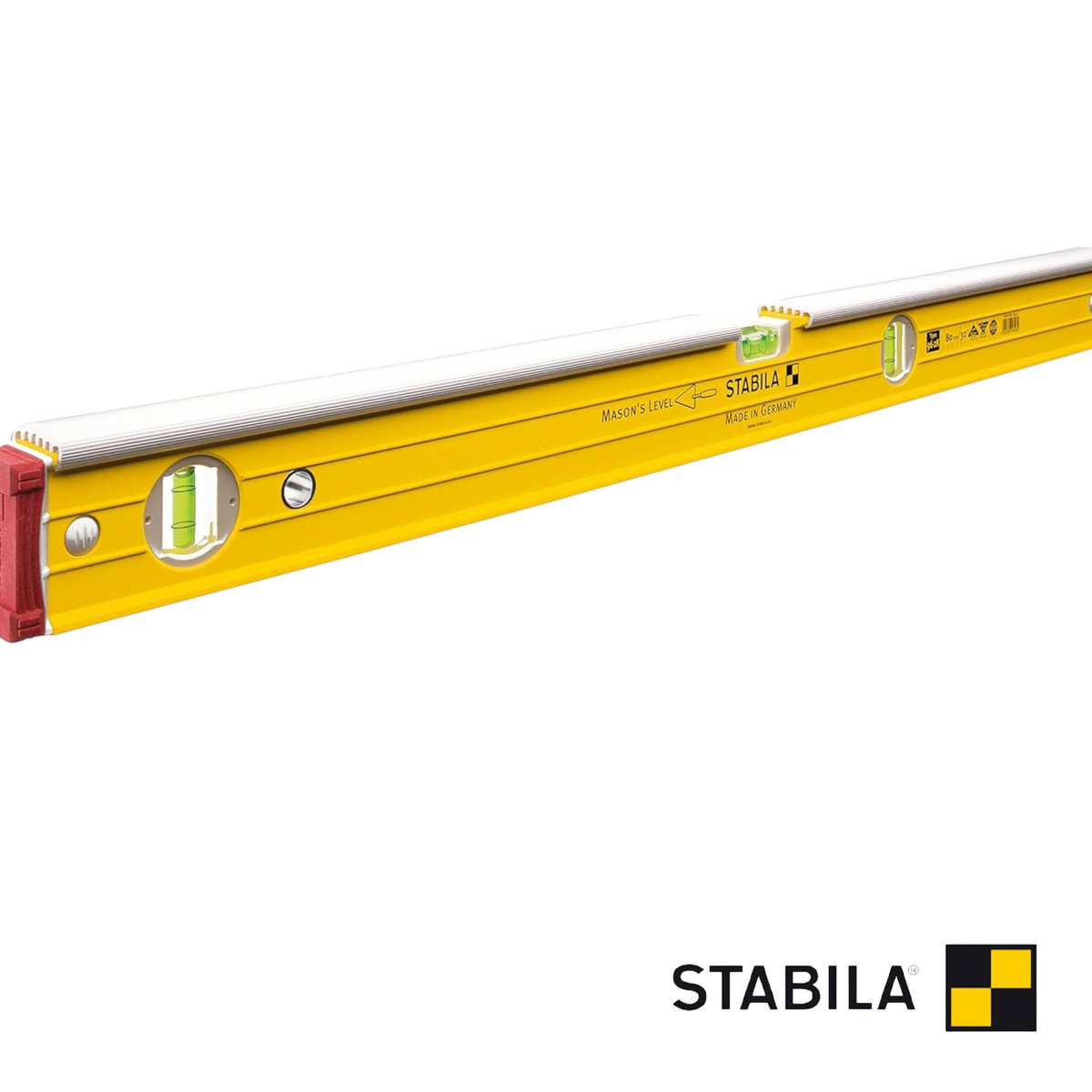 Gelbe Werkfit Stabila Wasserwaage Typ 96-2 K mit zwei Libellen und robustem Aluminiumprofil für Maurerarbeiten