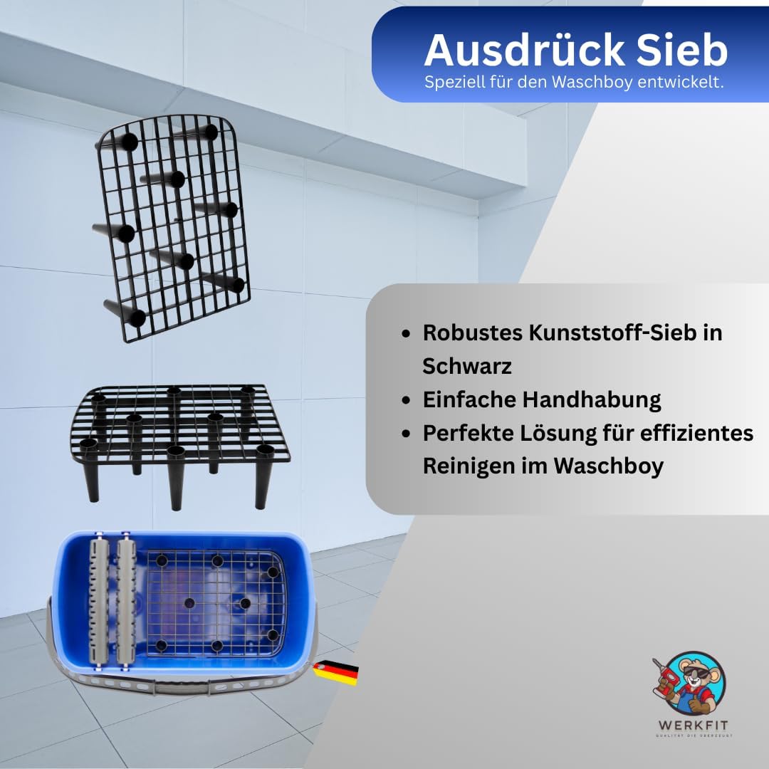 Werkfit Fliesen-Waschset Profi Waschboy 22 Liter – Mit Noppenrollen, Ausdrücksieb, Rädern & 3 Reibebrettern Mit Softgriff (blau)