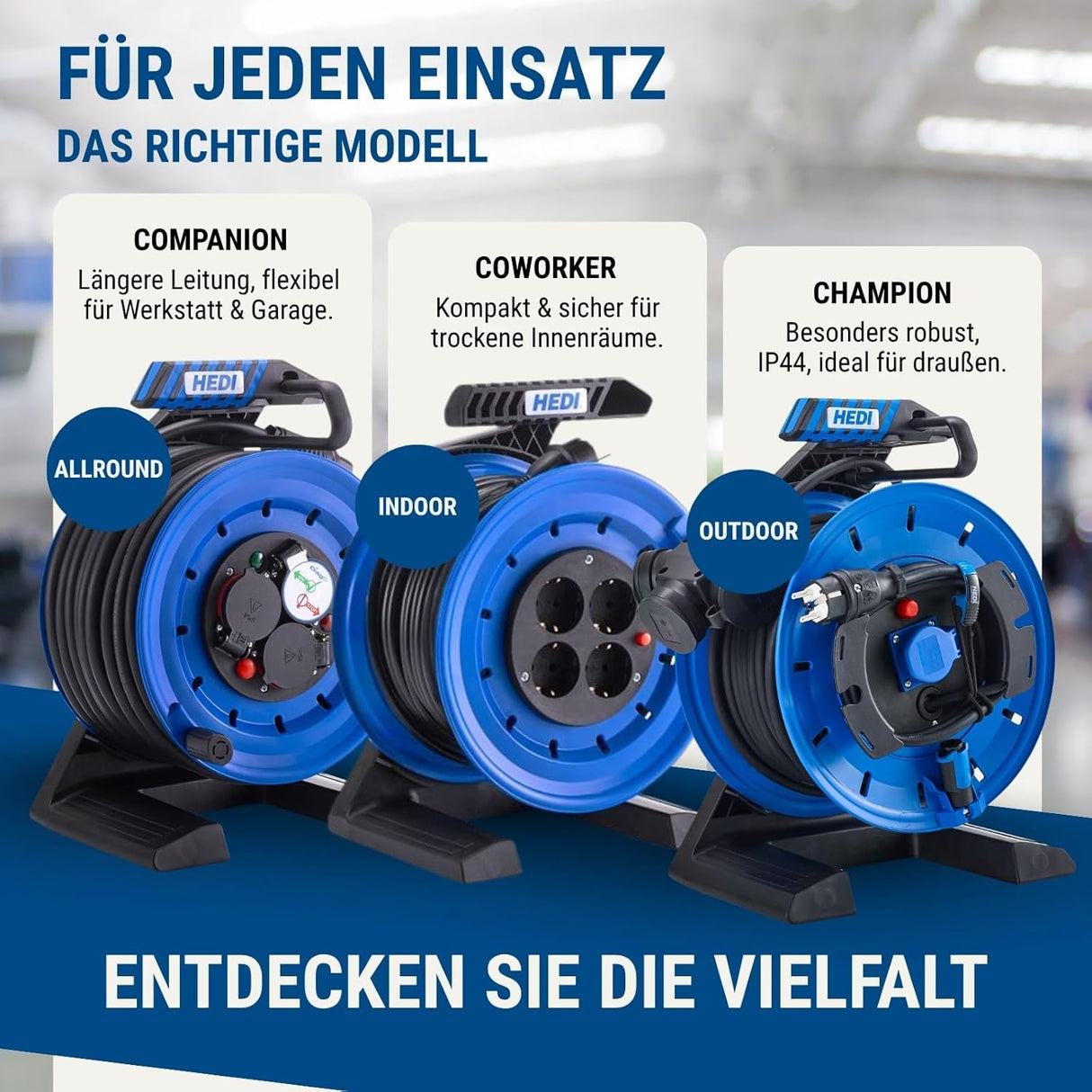 Kabeltrommel Generation 7 Coworker 50 m – Vollkunststoff – PVC-Kabel H05VV-F 3G1,5 – 4-fach Schuko mit Thermoschutz – IP20