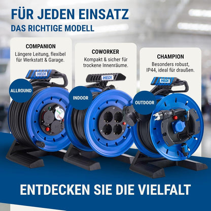 Kabeltrommel Generation 7 Coworker 50 m – Vollkunststoff – PVC-Kabel H05VV-F 3G1,5 – 4-fach Schuko mit Thermoschutz – IP20