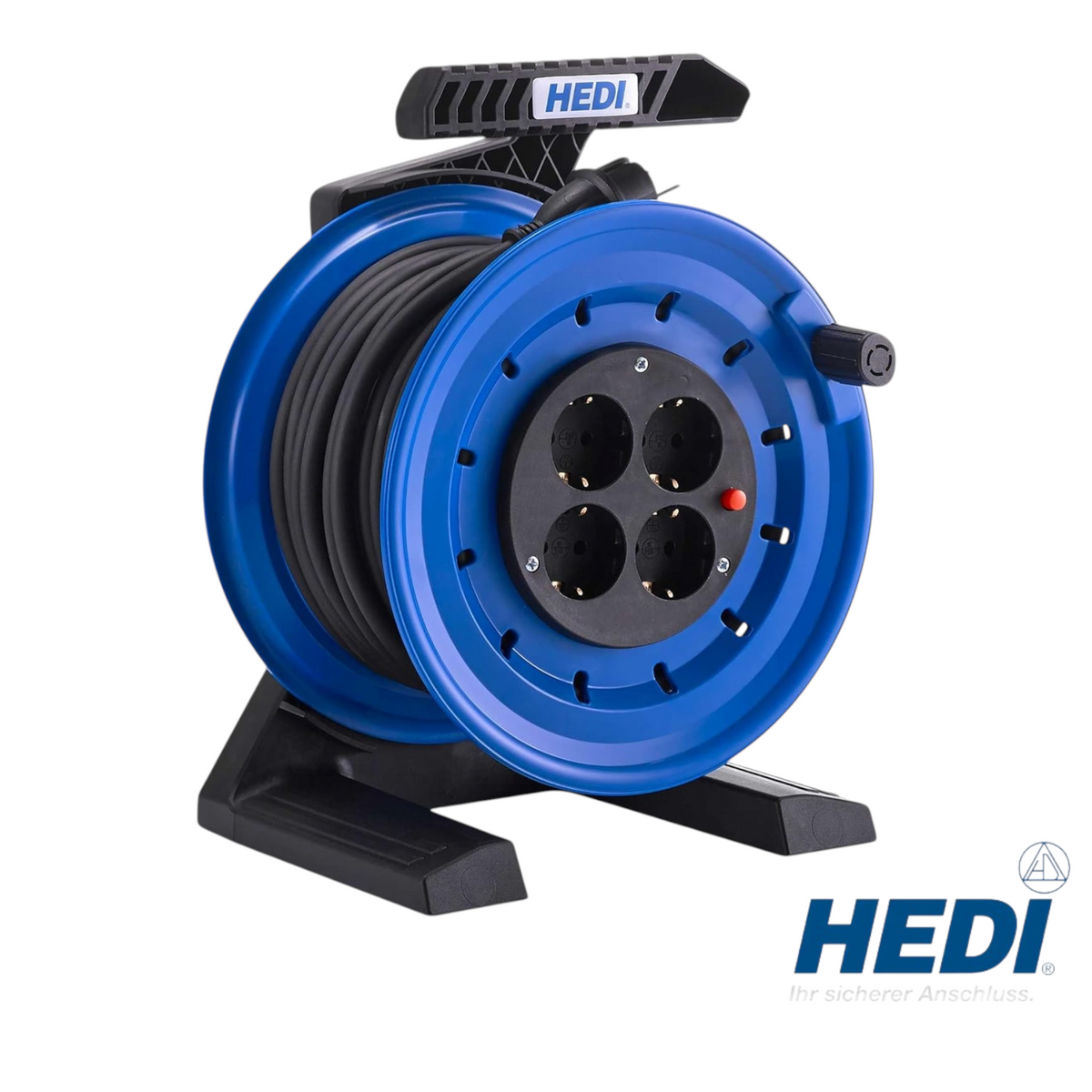 Werkfit Kabeltrommel Generation 7 Coworker mit 50m PVC-Kabel, 4-fach Schuko-Steckdosen und Thermoschutz in Blau-Schwarz