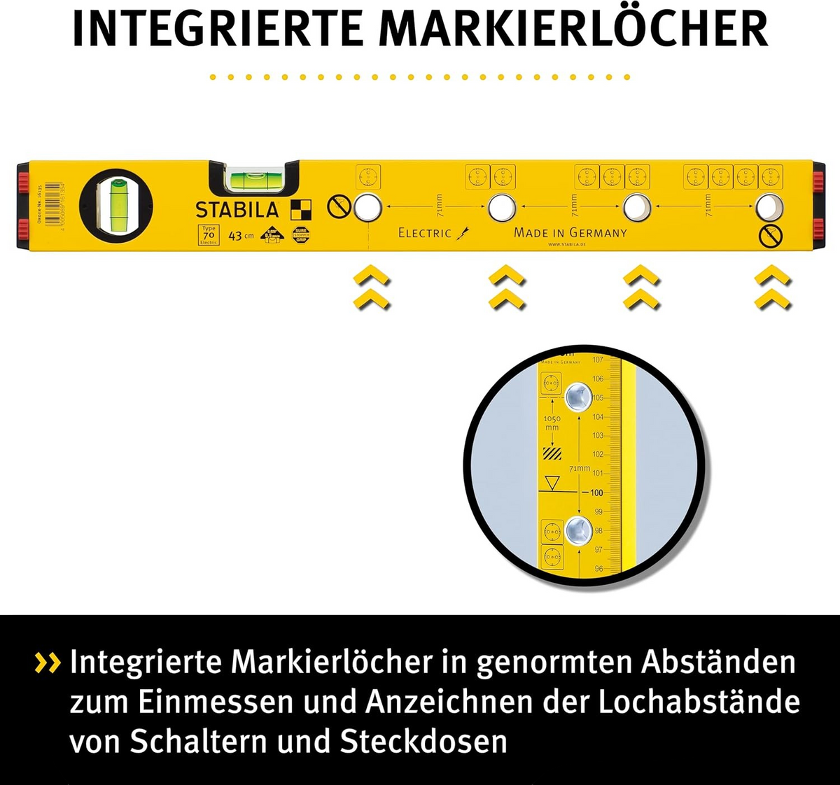 Werkfit STABILA Elektriker Wasserwaage 43 cm gelb mit integrierten Markierlöchern für Schalter und Steckdosen