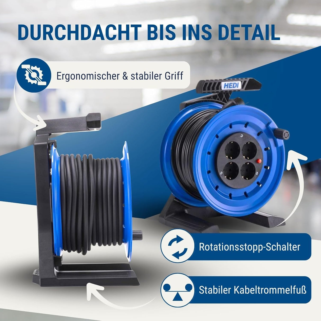 Kabeltrommel Generation 7 Coworker 50 m – Vollkunststoff – PVC-Kabel H05VV-F 3G1,5 – 4-fach Schuko mit Thermoschutz – IP20