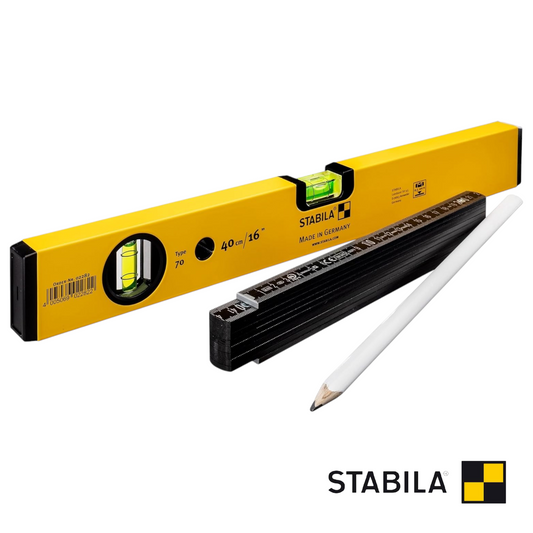 Werkfit STABILA Basis-Set mit gelber 40 cm Wasserwaage, schwarzem Gliedermaßstab und weißem Zimmermannsbleistift