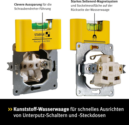Werkfit STABILA Elektriker Set mit gelber Pocket Electric Wasserwaage zur präzisen Montage von Steckdosen