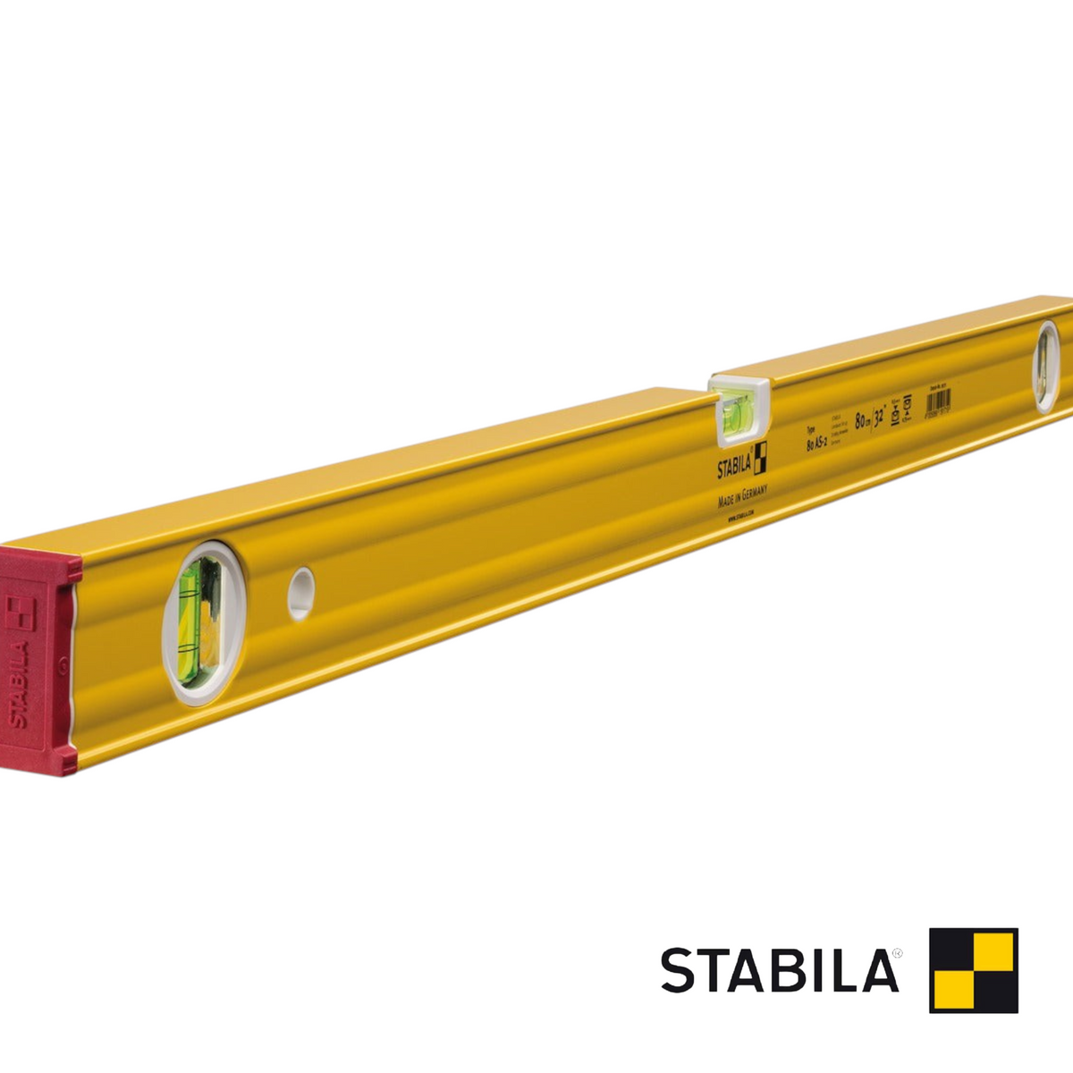 Werkfit Stabila Wasserwaage Type 80 AS-2 in Gelb mit roten Endkappen und zwei Libellen zur präzisen Ausrichtung