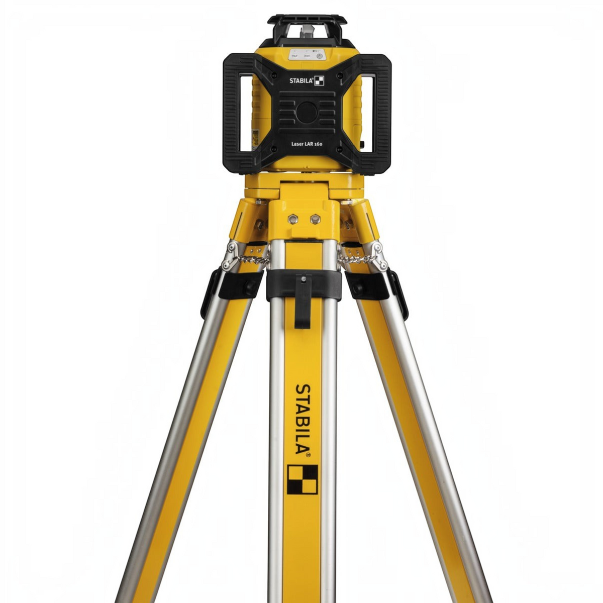 Werkfit Stabila Rotationslaser LAR 160 auf einem stabilen gelben Stativ für präzise Nivellierarbeiten auf dem Bau