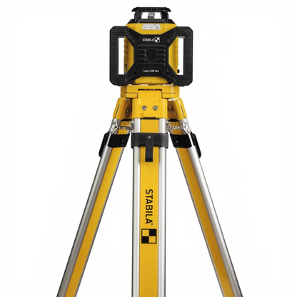 Werkfit Stabila Rotationslaser LAR 160 auf einem stabilen gelben Stativ für präzise Nivellierarbeiten auf dem Bau