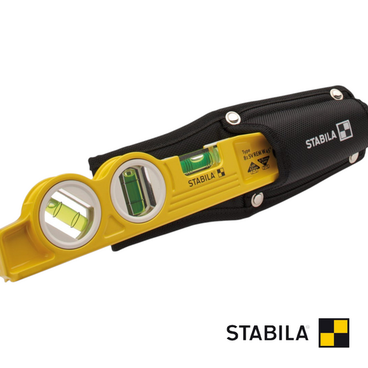 Werkfit Stabila Torpedo-Wasserwaage Typ 81 SV REM W45 in Gelb mit schwarzer Gürteltasche