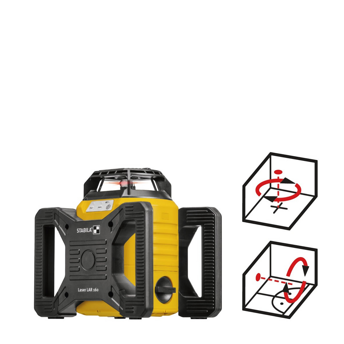 Werkfit Rotationslaser LAR 160 in Gelb und Schwarz mit Schutzgehäuse und Funktionsgrafiken für präzises Nivellieren