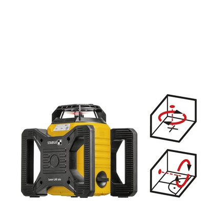 Werkfit Rotationslaser LAR 160 in Gelb und Schwarz mit Schutzgehäuse und Funktionsgrafiken für präzises Nivellieren