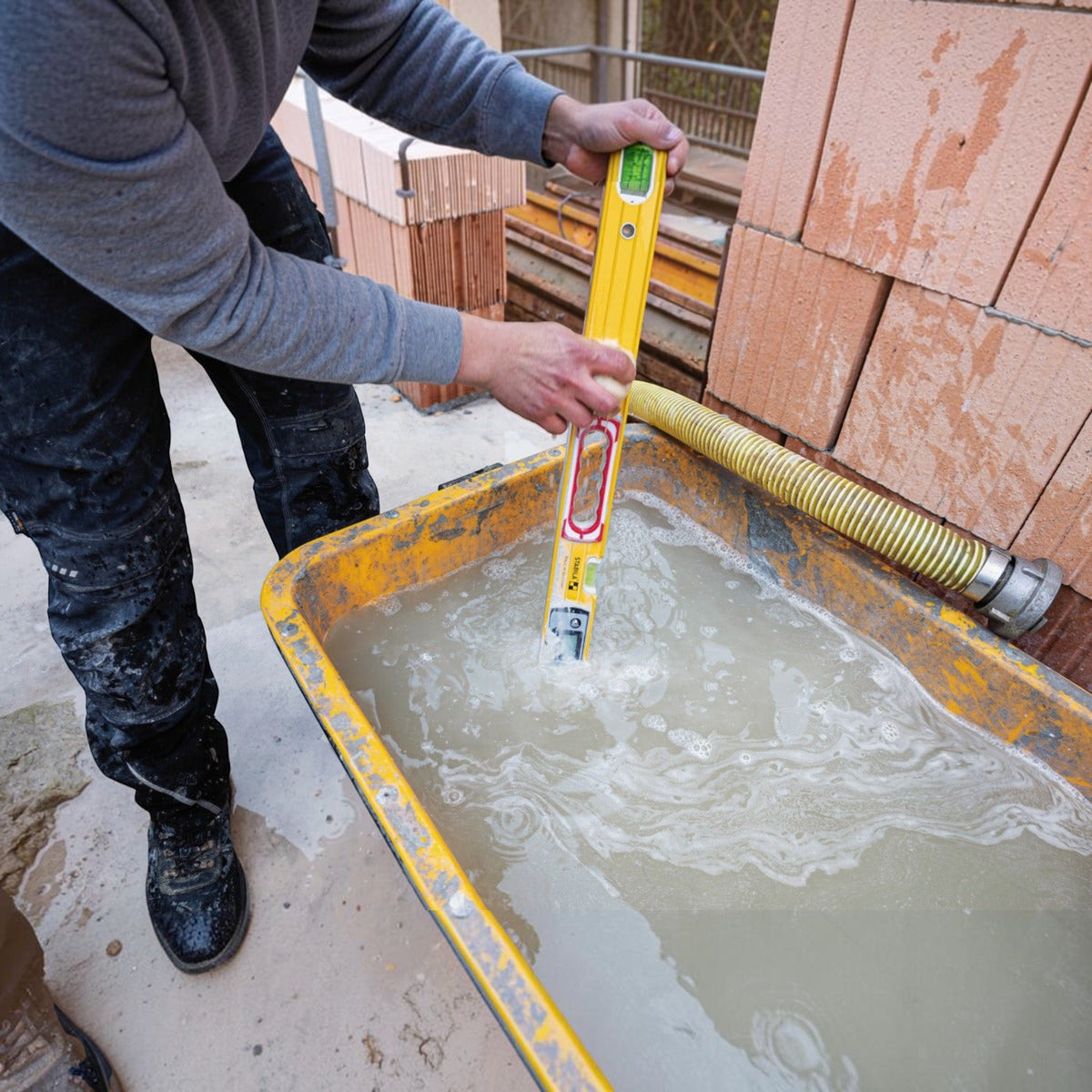 Werkfit Elektronik-Wasserwaage TECH 196 DL wird in einem Eimer mit Wasser gereinigt auf einer Baustelle