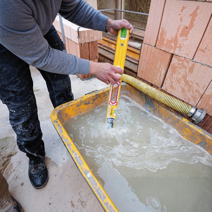 Werkfit Elektronik-Wasserwaage TECH 196 DL wird in einem Eimer mit Wasser gereinigt auf einer Baustelle