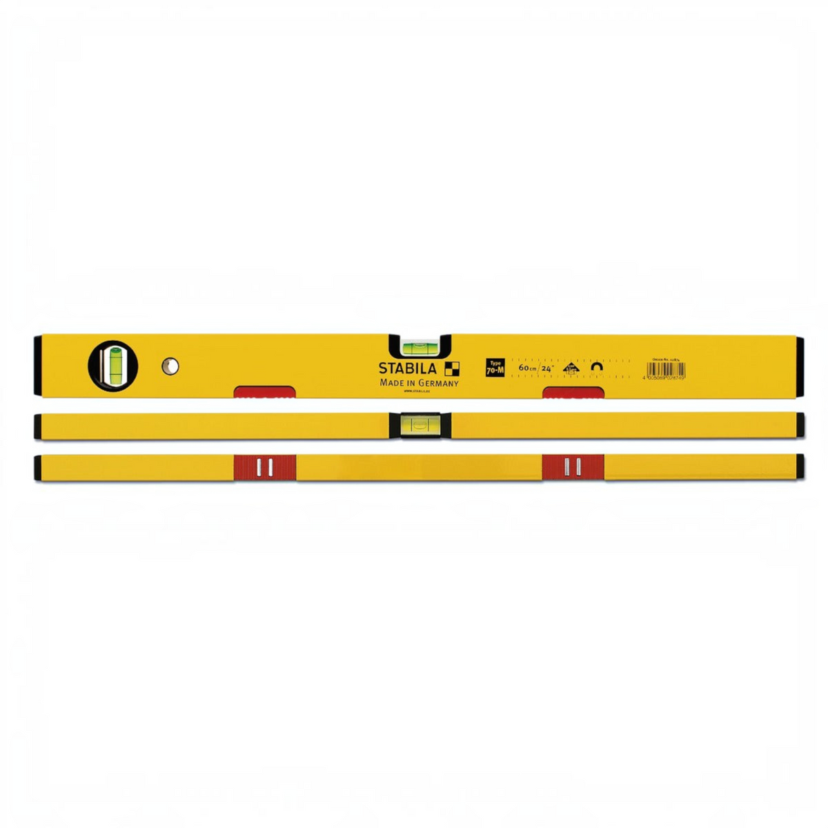 Werkfit Stabila Wasserwaage Type 70 M aus gelbem Aluminium mit Seltenerd-Magnetsystem und drei Libellen