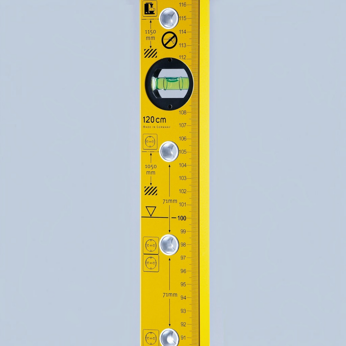 Werkfit Wasserwaage Type 70 Electric mit integrierter Steckdosenmarkierung und Libelle auf gelbem Aluminiumprofil