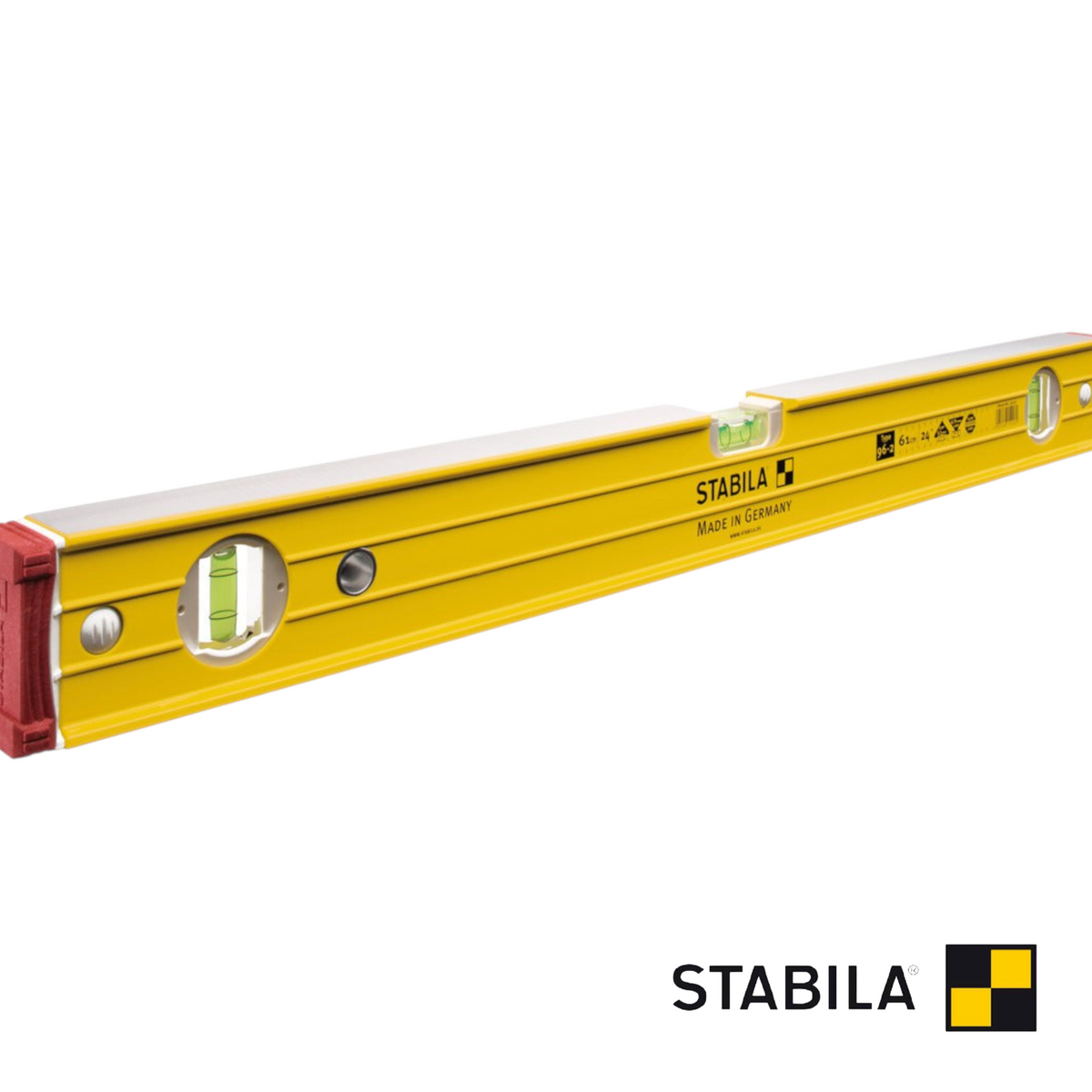Werkfit Stabila Wasserwaage Type 96-2 in Gelb mit zwei Libellen und roten Endkappen für präzise Messungen