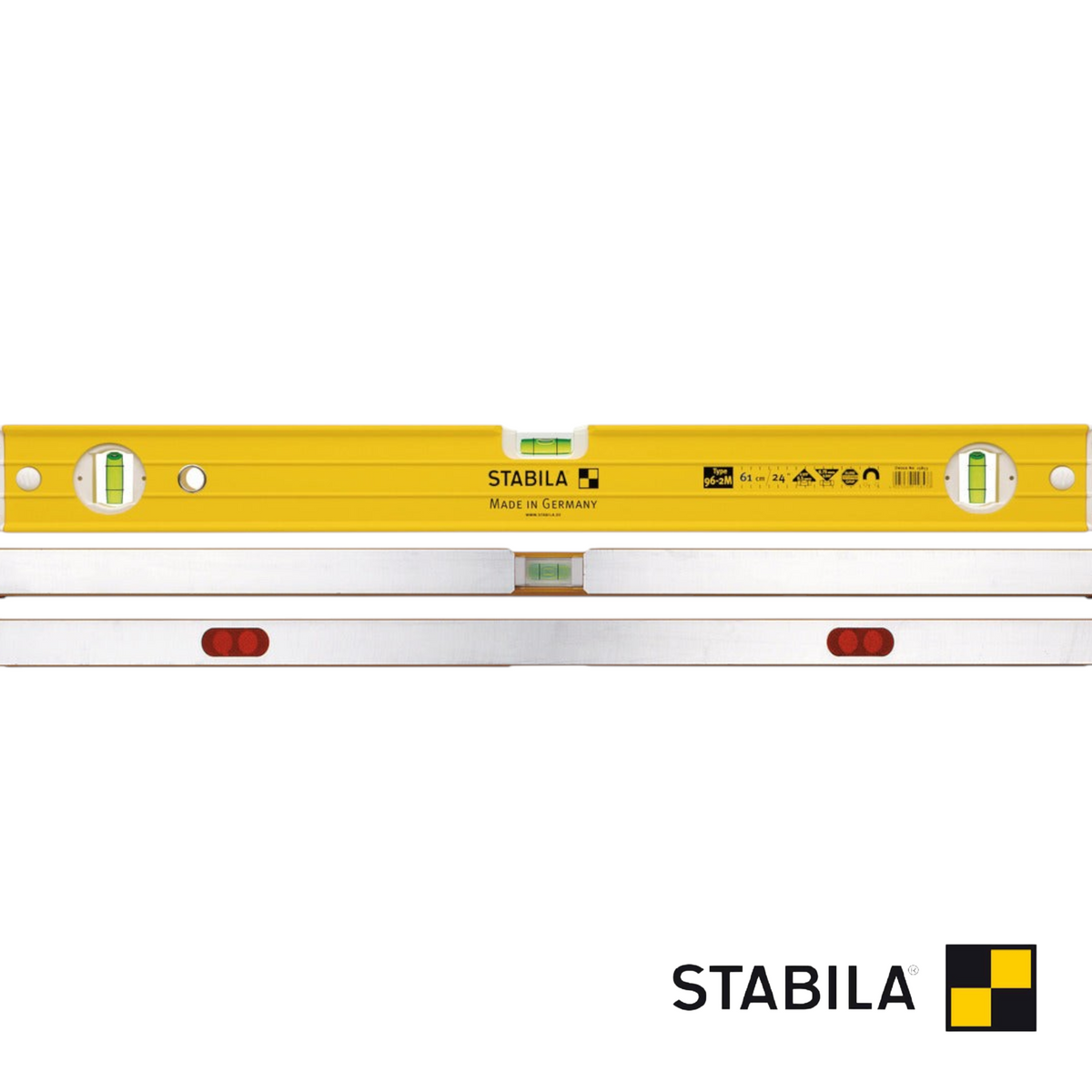 Werkfit Stabila Wasserwaage Type 96-2 M in Gelb mit drei Libellen und magnetischer Unterseite