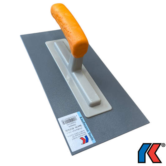 Werkfit Glättkelle aus grauem Spezialkunststoff mit ergonomischem orangefarbenem Griff, 280 x 140 mm