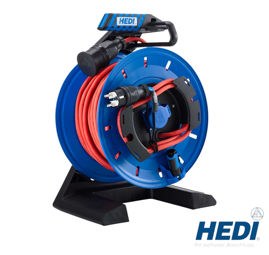 Werkfit HEDI Generation 7 Companion Kabeltrommel mit 25m rotem H07RN-F Kabel, blauem Kunststoffgehäuse und IP44 Schutz