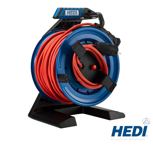 Werkfit Vollkunststoff-Gerätekabeltrommel Companion mit 25m rotem H07RN-F Kabel, blauem Gehäuse und IP44 Schutz