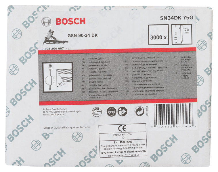 D-Kopf Streifennagel SN34DK 75G, 2,8 mm, 75 mm, verzinkt, glatt, 3000er-Pack
