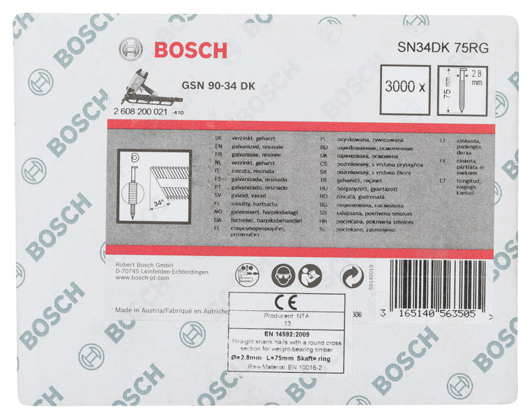 D-Kopf Streifennagel SN34DK 75RG, 2,8 mm, 75 mm, verzinkt, gerillt, 3000er-Pack
