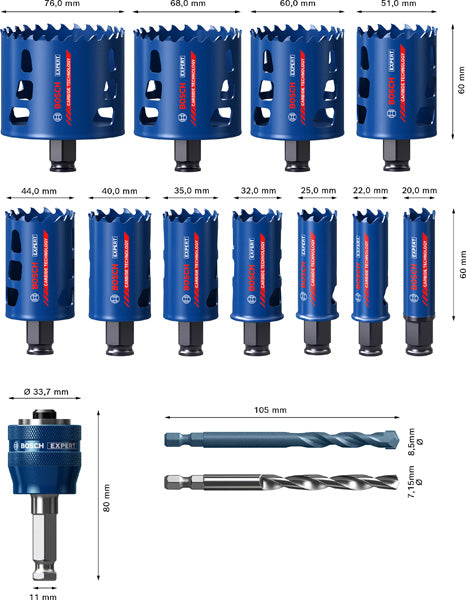 EXPERT Tough Material Lochsäge-Set, 20/22/25/32/35/40/44/51/60/68/76 mm, 14-tlg.