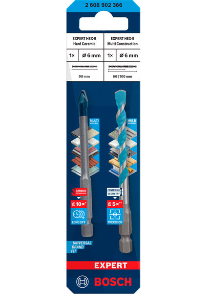 EXPERT HEX-9 Hard Ceramic + HEX-9 Multi Construction Bohrer, 6 mm