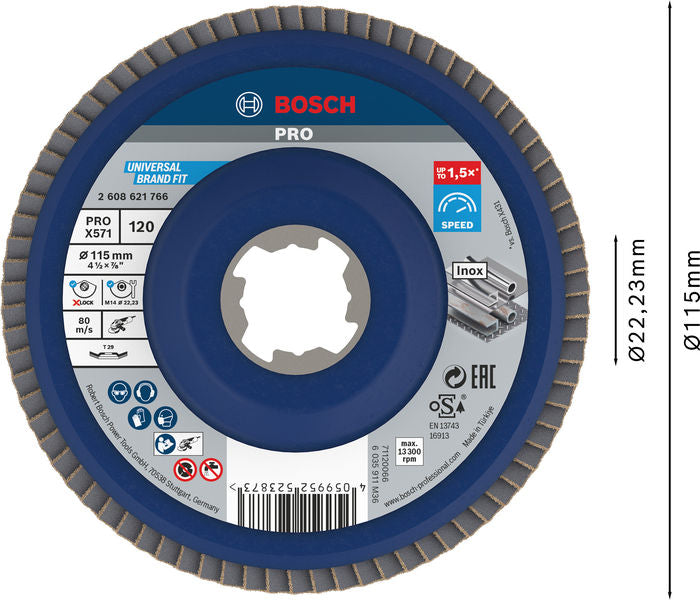 PRO X571 X-Lock Fächerschleifscheibe, 115 mm, G120, gewinkelt, Glasfaser