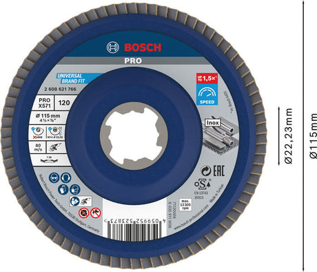 PRO X571 X-Lock Fächerschleifscheibe, 115 mm, G120, gewinkelt, Glasfaser