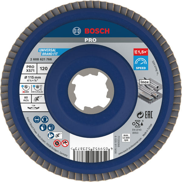 PRO X571 X-Lock Fächerschleifscheibe, 115 mm, G120, gewinkelt, Glasfaser