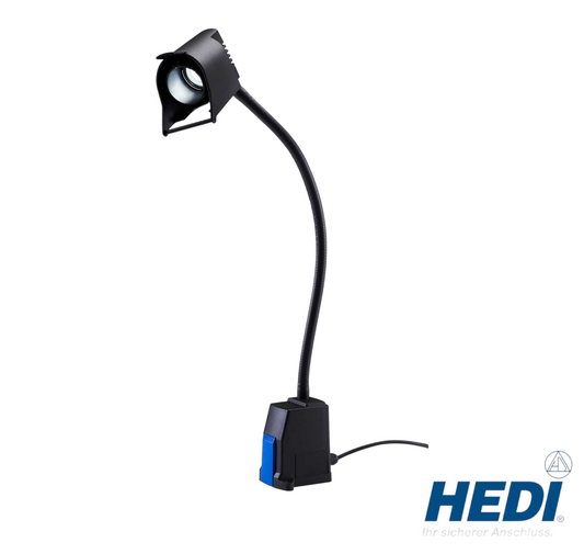 Werkfit LED Maschinenleuchte mit flexiblem Schwanenhals und schwarzem Gehäuse für präzise Arbeitsplatzbeleuchtung