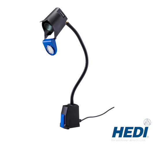 Werkfit LED Maschinenleuchte in DUO-Ausführung mit flexiblem Schwanenhals und blauem Akzent am Leuchtkopf