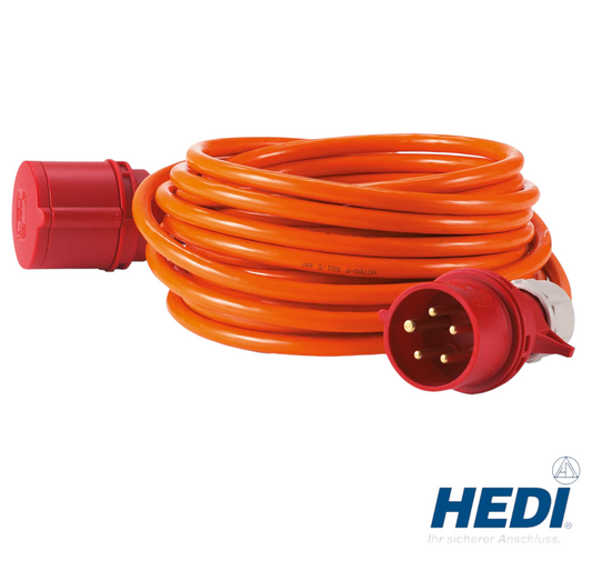 Werkfit Drehstrom-Verlängerungskabel 10m in Orange mit 16A CEE-Stecker und Phasenwender für den Baustelleneinsatz