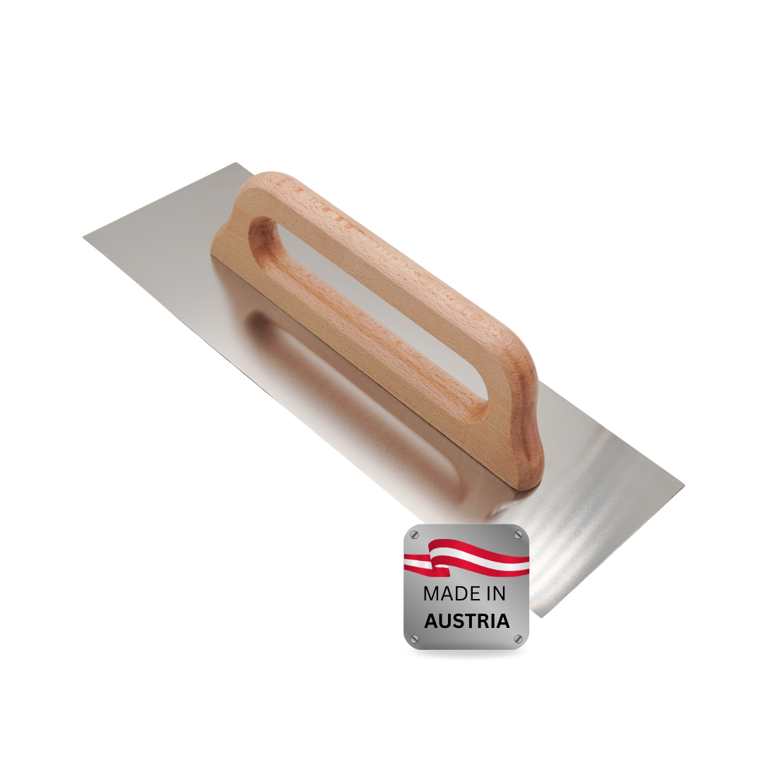 Kompakte Glättekelle Edelstahl – Naturholzgriff – 380 × 130 mm – Profiqualität